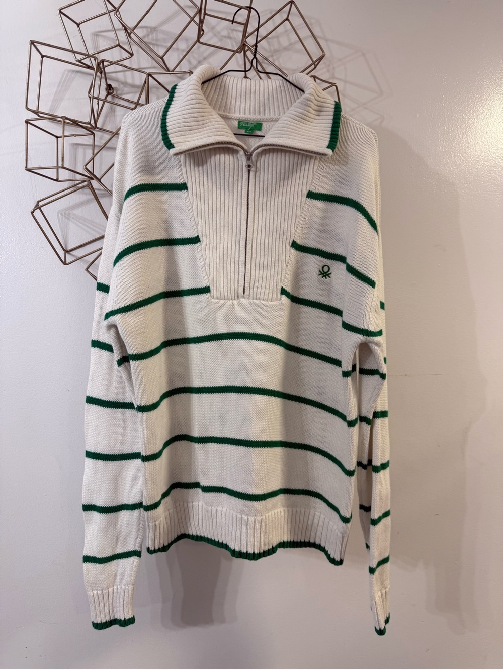 United Colors Of Benetton white & Green Stripe Quarter-Zip Sweater